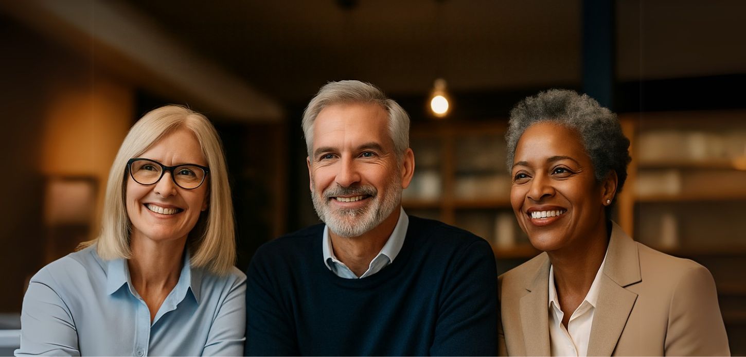 Three smiling professionals in their fifties and sixties